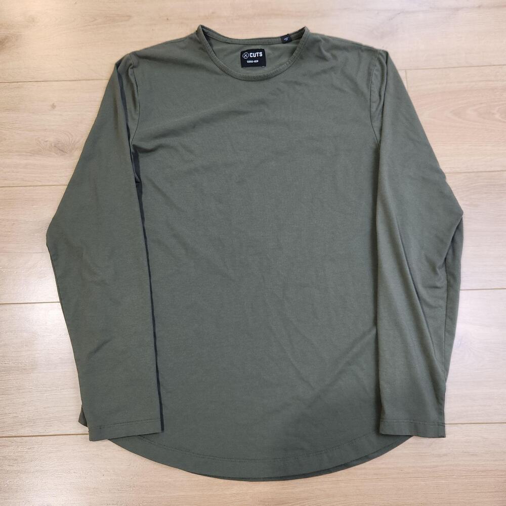 Cuts Shirt Mens Large Green PYCA Pro Curve Hem Long Sleeve Crewneck Tee Stretch